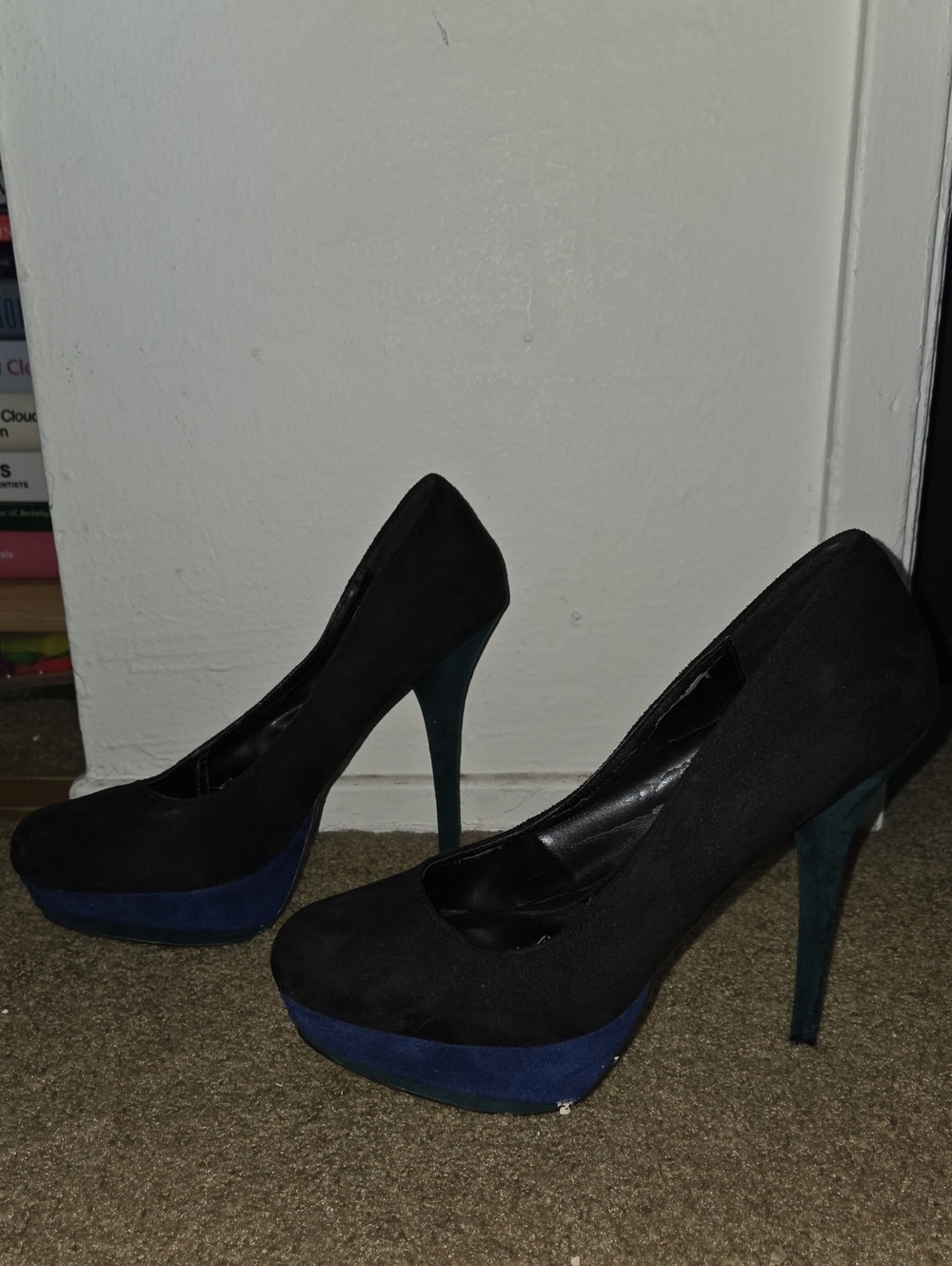 Delicious Black Suede Platform Pumps with Blue Accent